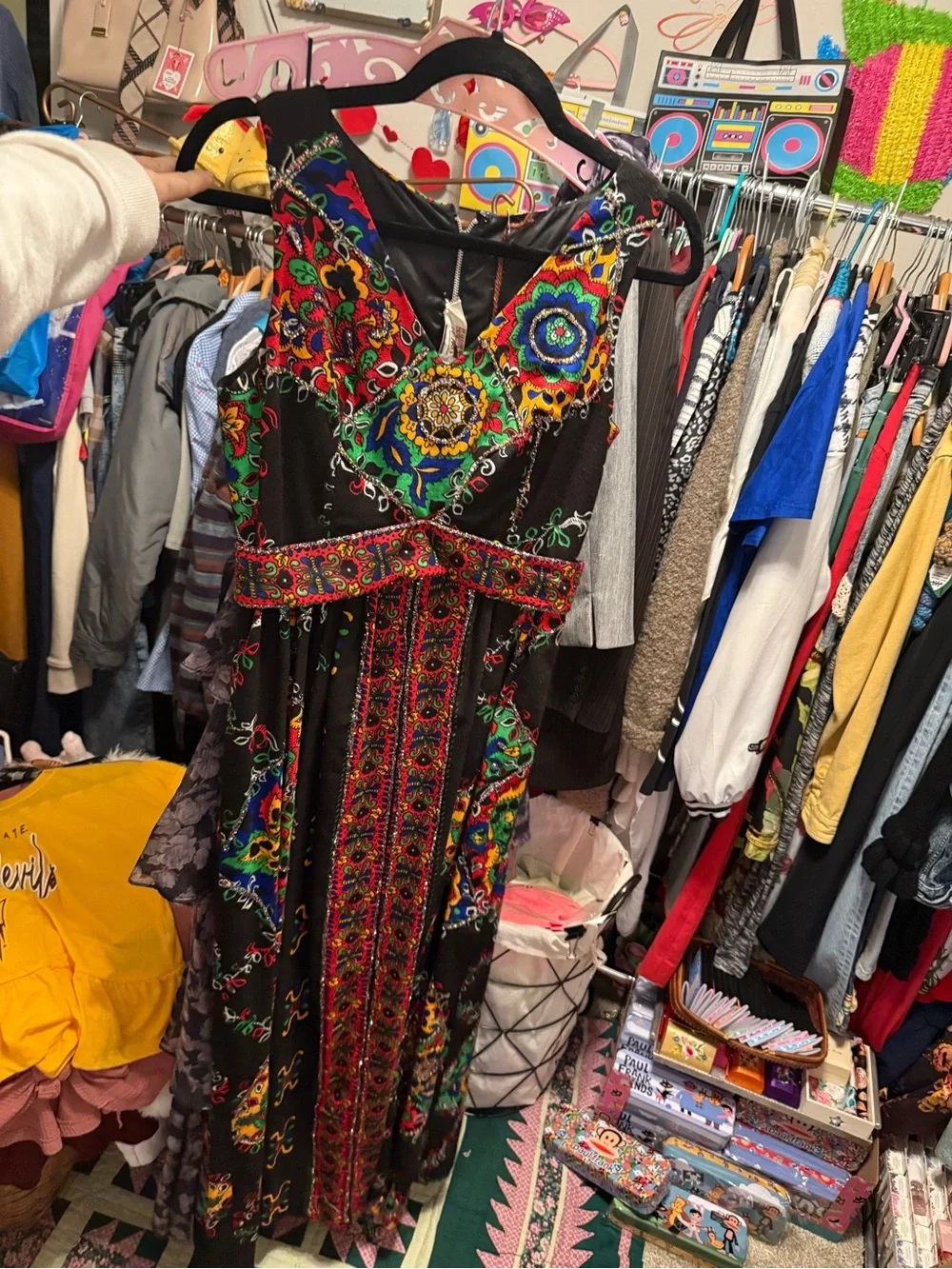 Vintage Seventies Black Maxi Dress with Multicolor Glitter Montgomery Ward - Picture 3 of 9